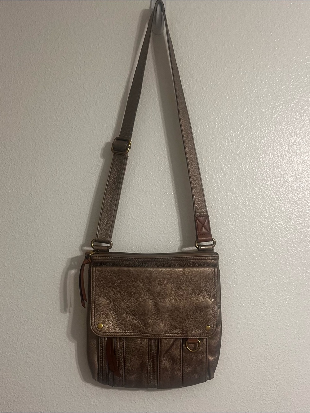 Fossil Morgan Bronze Metallic Leather Crossbody Bag with Brass Hardware